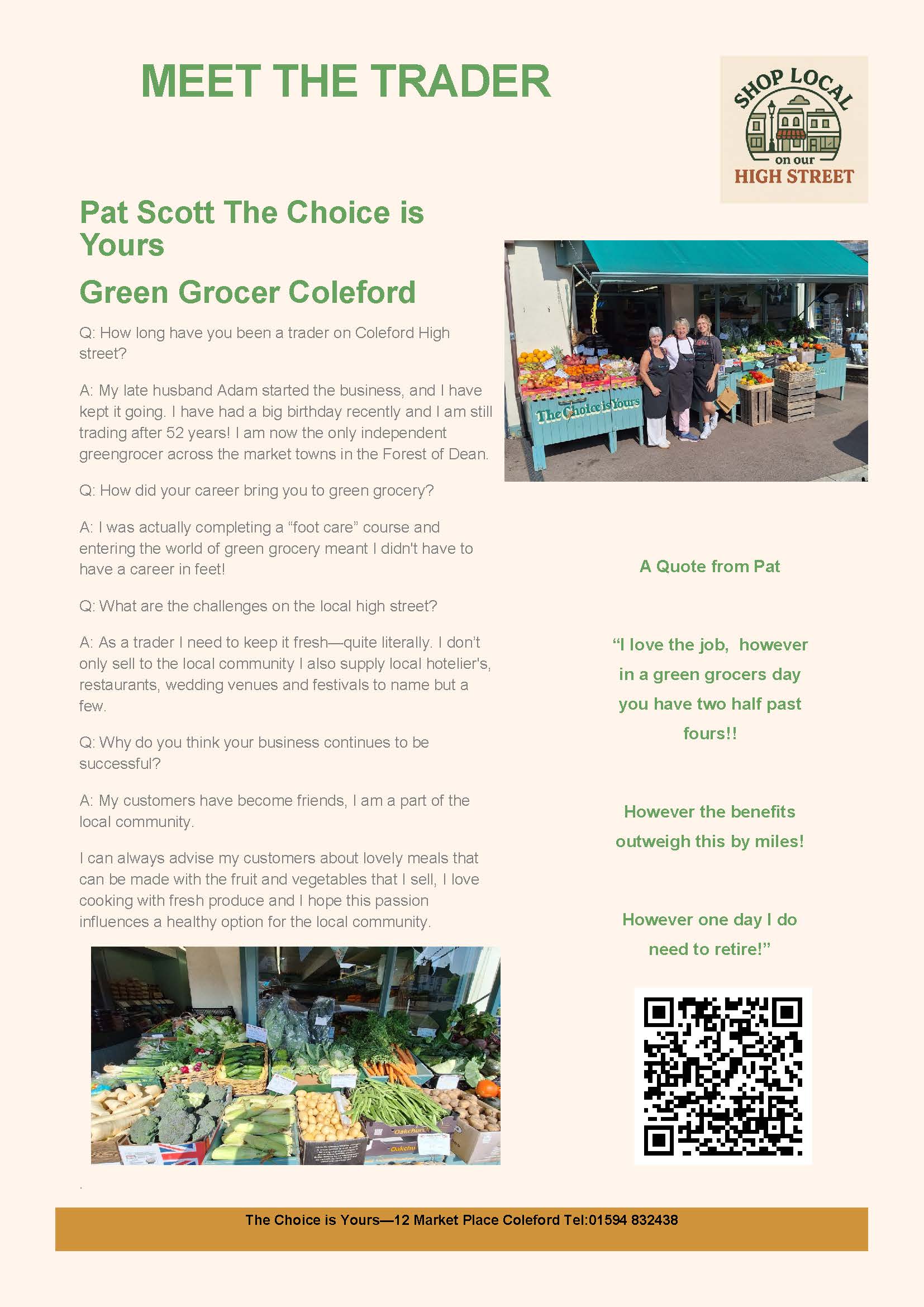 Image of Pat Scott, The Choice is Yours (Green Grocer of Coleford), featured in Coleford’s monthly Trader Spotlight.